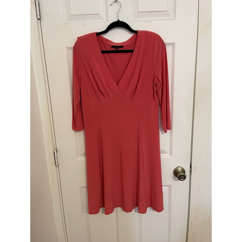 TIANA B. CORAL LONG SLEEVED V*NECK DRESS WITH TIE BACK-Size Large